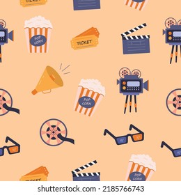 Cinema Seamless Vector Pattern.Online Movie Theater Background.Colored Vector Illustration Cartoon Flat Style.