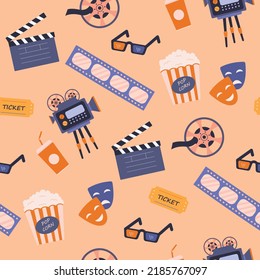 Cinema Seamless Vector Pattern.Online Movie Theater Background.Colored Vector Illustration Cartoon Flat Style.