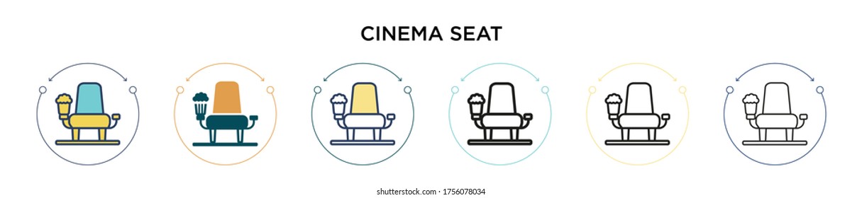 Icono del asiento del cine en el estilo relleno, delgado, contorno y trazo. Ilustración vectorial de dos diseños de iconos vectores de asientos de cine de color y negro se pueden utilizar para móviles, ui, web