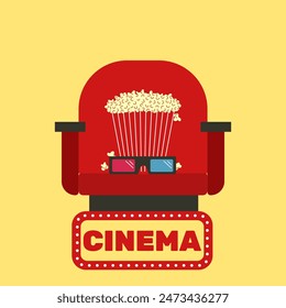 Cinema seat, popcorn, 3D glasses. Vector illustration