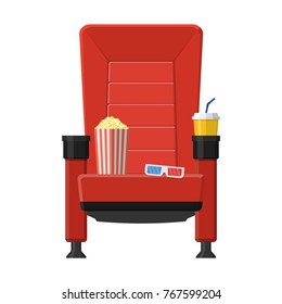 Cinema seat with popcorn, drinks and 3D glasses isolated on white background. Red comfortable armchair movie and film vector illustration