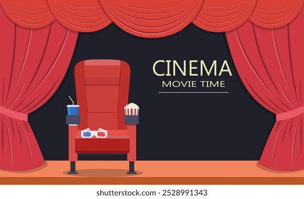 Asiento de cine. escenario de teatro con cortinas rojas. Ilustración vectorial en estilo plano