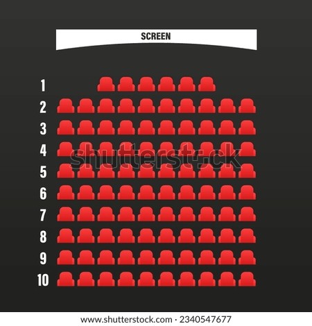 Cinema seats booking online ui design scheme or film movie theatre places reservation template layout vector flat cartoon illustration, theater places map choose ui top view. Vector illustration