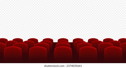 Cinema seats with empty screen. Rows of red cinema or theater seats. Empty movie theater auditorium with red seats
