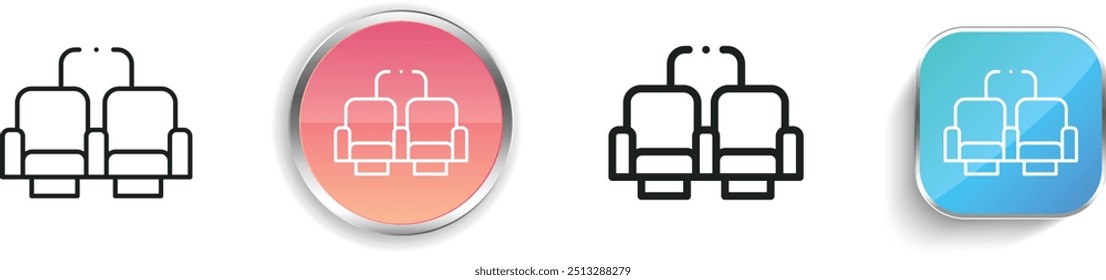 Icono de Vacantes de cine. Diseño de estilo lineal delgado, regular y de Botón aislado sobre fondo blanco