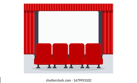Cinema seats illustration. Row of soft red armchairs in front of a movie theater screen. Premiere of the film, screening. Flat vector objects isolated on a white background.