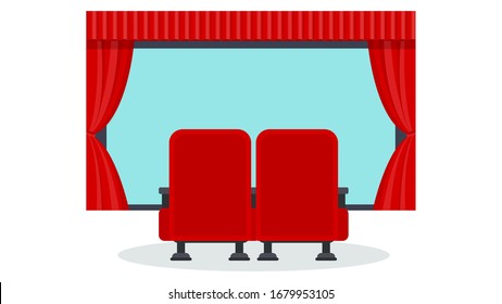 Cinema seats illustration. Row of soft red armchairs in front of a movie theater screen. Premiere of the film, screening. Flat vector objects isolated on a white background.