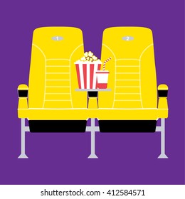 Cinema seats with popcorn and cocktail. Movie chair vector illustration. isolated on purple background.