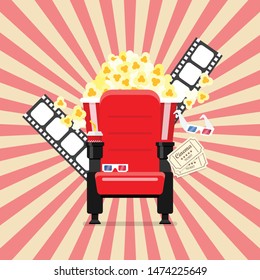 Cinema seats in a cinema with popcorn drinks and glasses. Vector illustration
