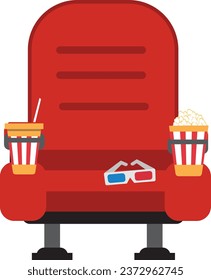 Cinema seats in a cinema with popcorn, drinks and glasses. Cinema seats illustration. Isolated objects