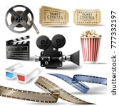 Cinema set of 3D realistic objects bucket with popcorn, reel, tape, glasses, camcorder, movie tickets and clapperboard. Vector colorful design elements of film industry isolated on white background