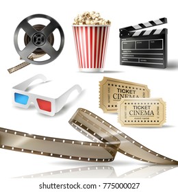 Cinema set of 3D realistic objects cardboard bucket with popcorn, reel, tape, glasses, movie tickets and clapperboard. Vector colorful design elements of film industry isolated on white background