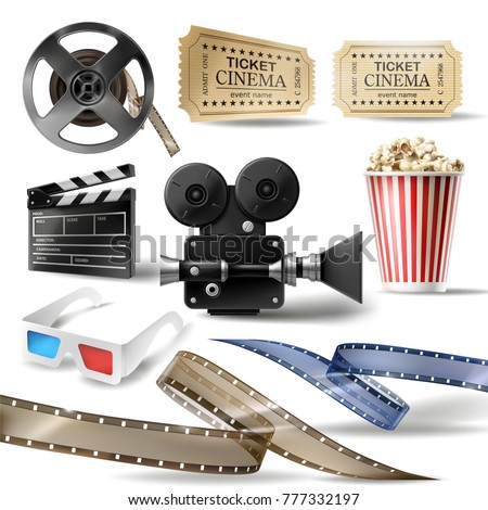 Cinema set of 3D realistic objects bucket with popcorn, reel, tape, glasses, camcorder, movie tickets and clapperboard. Vector colorful design elements of film industry isolated on white background