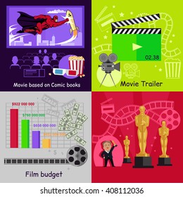 Cinema set banners film movie design. Best picture, trailer and budget, book comic based, movie cinema, film video, art production cinema, banner production movie illustration 