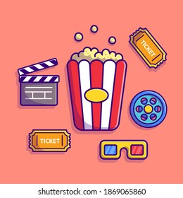 Cinema Set Cartoon Vector Icon Illustration. People Industrial Icon Concept Isolated Premium Vector. Flat Cartoon Style