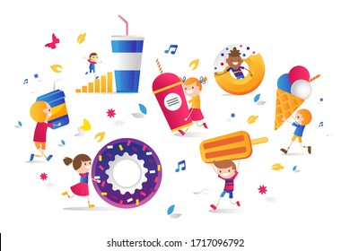 Cinema set drinks, sweets for children, vector illustration. Smiling character boys and girls run around with food, donut, ice cream, soda paper cup. Watching movie in cinema with snack.
