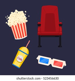 Cinema, set of four icons. Cinema chair, 3d glasses, popcorn and soda. Vector illustration. 