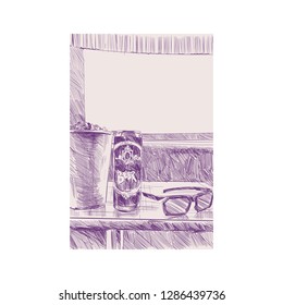 Cinema set. Cinema glasses, popcorn, beer. Poster, banner template backgrounds design. Hand drawn sketch.