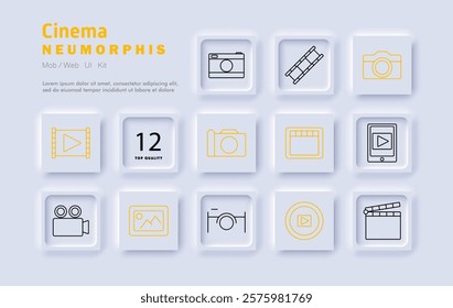 Cinema set icon. Camera, film reel, clapperboard, video playback, photo, image gallery, recording, media production, online streaming, content creation