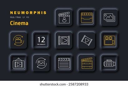 Cinema set icon. Clapperboard, film reel, movie player, camera, video editing, photography, media production, digital streaming, filmmaking, recording