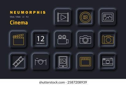 Cinema set icon. Clapperboard, film reel, camera, video player, photography, movie screen, digital media, production, recording, filmmaking, streaming