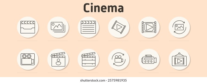 Cinema set icon. Clapperboard, image gallery, script, video, filmstrip, rotating images, video camera, circular recording, camcorder, presentation screen with video icon.