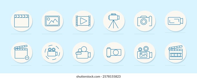 Cinema set icon. Clapperboard, image frame, film reel, camera, tripod, recording, editing tools. Represent filmmaking, photography, and video production