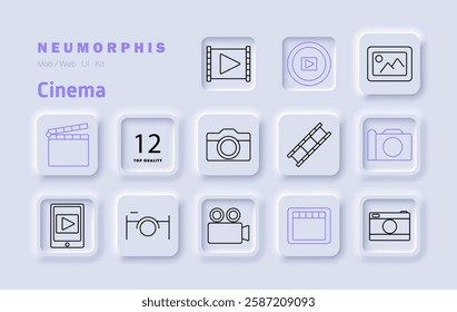 Cinema set icon. Clapperboard, quality certification, camera, video reel, play button, movie screen, media player, digital video, photography, production tools.