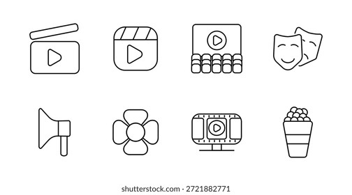 Icono de conjunto de cine. Tablero de tapa, icono de carrete, pantalla de película, máscaras, altavoz, ventilador, ticket, palomitas de maíz, entretenimiento, película, juego, escena, espectáculo, rendimiento