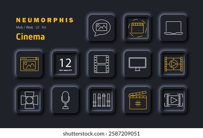 Cinema set icon. Filmmaking, movie production, clapperboard, screen, directing, camera, sound, lighting, editing, broadcasting