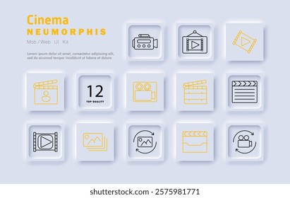 Cinema set icon. Movie camera, clapperboard, film reel, video streaming, film production, editing tools, online movies, media gallery, cinematic experience