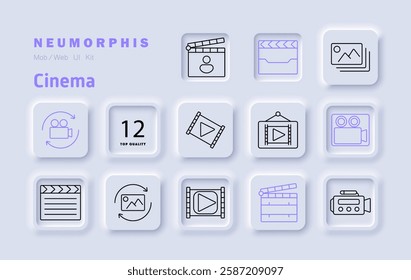 Cinema set icon. Movie clapper, film reel, quality certification, video player, projector screen, camera, video production, recording, editing, filmmaking, storyboard.