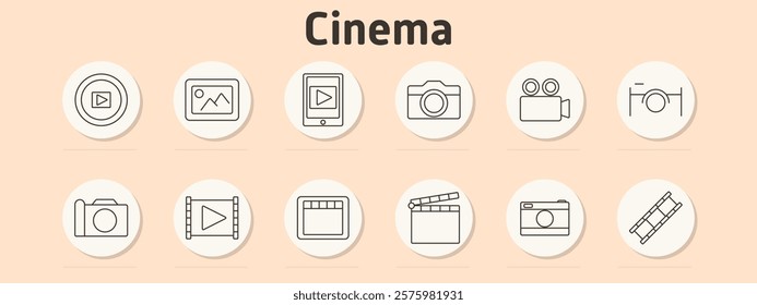 Cinema set icon. Play button, image, video on phone, camera, camcorder, film camera, clapboard, filmstrip, video reel, photo gallery, editing frame.