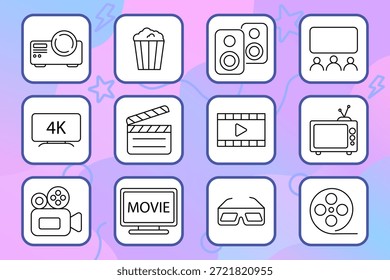 Icono de conjunto de cine. Video Proyector, palomitas de maíz, pantalla, altavoz, película, tv, gafas 3D, tira de película, clapper, cámara, entretenimiento, emisión, grabación.