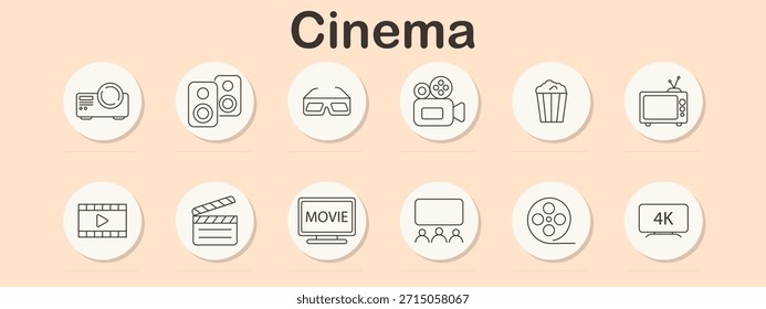 Cinema set icon. Projector, speakers, 3D glasses, video camera, popcorn, TV, film strip, clapperboard, movie text, audience, film reel, 4K screen line drawn.