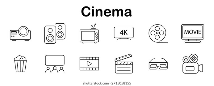 Icono de conjunto de cine. Video Proyector, altavoces, TV retro, pantalla 4K, carrete de película, monitor de película, palomitas de maíz, pantalla con la audiencia, tira del juego, clapperboard, vidrios 3D, cámara.