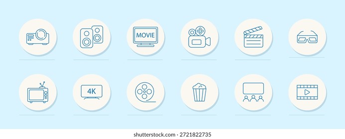 Icono de conjunto de cine. Proyector, altavoces, pantalla de película, cámara, clapper, gafas 3D, TV, resolución, carrete, palomitas de maíz, audiencia, tira de película. Video Teatro, medios de comunicación, cine, sonido, entretenimiento, ver.