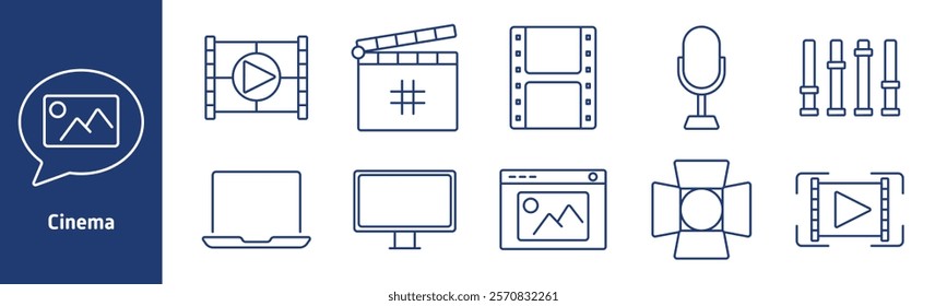 Cinema set icon. Speech bubble with photo, filmstrip, clapperboard, microphone, sound sliders, laptop, monitor, photo gallery, spotlight, movie play scene