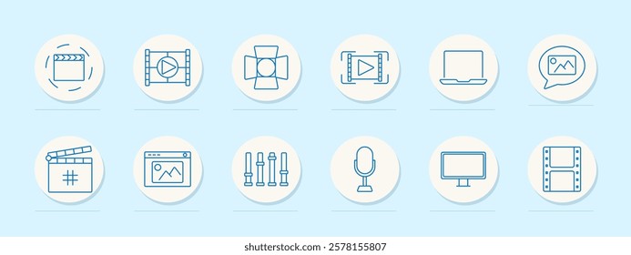 Cinema set icon. Spotlight, clapperboard, play button, monitor, image, sliders, microphone, screen, film strip. Represent video editing, lighting, and sound design in filmmaking