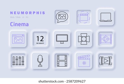 Cinema set icon. Web interface, microphone, lighting, filmstrip, play button, screen, sound settings, recording, broadcast, entertainment, production, filmmaking, visual media, storytelling