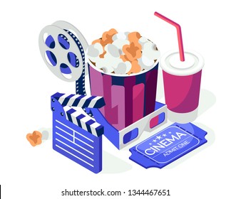 Cinema Set. Isometric Illustration. Pop Corn, Eyeglasses, Film Strip, Tickets And Cola. Fun Weekends. Family Vacation. 