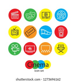 Cinema set of line icons, vector. Contains such icons as film tape, teatral masks, popcorn and more