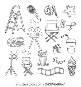 Cinema set. Movie camera, film strip, director's chair, film strip, popcorn. Doodle. Vector illustration. Hand drawn. Outline.