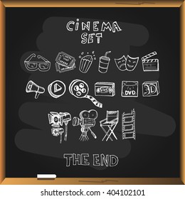 Cinema set on blackboard background. Free hand drawn. Vector illustration. 