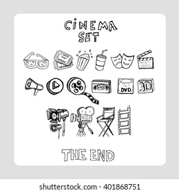 Cinema set on white background. Free hand drawn. Vector illustration. 