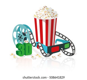 Cinema set with popcorn, 3D glasses and filmstrip. Vector cinema illustration isolated on white background.