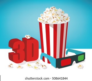 Cinema set with popcorn, 3D glasses and 3D text. Vector cinema illustration isolated on blue background.