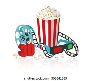 Cinema set with popcorn, 3D glasses and filmstrip. Vector cinema illustration isolated on white background.