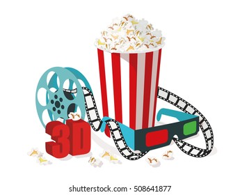 Cinema set with popcorn, 3D glasses and filmstrip. Vector cinema illustration isolated on white background.