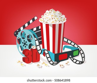 Cinema set with popcorn, 3D glasses, clapperboard and filmstrip. Vector cinema illustration isolated on white background.